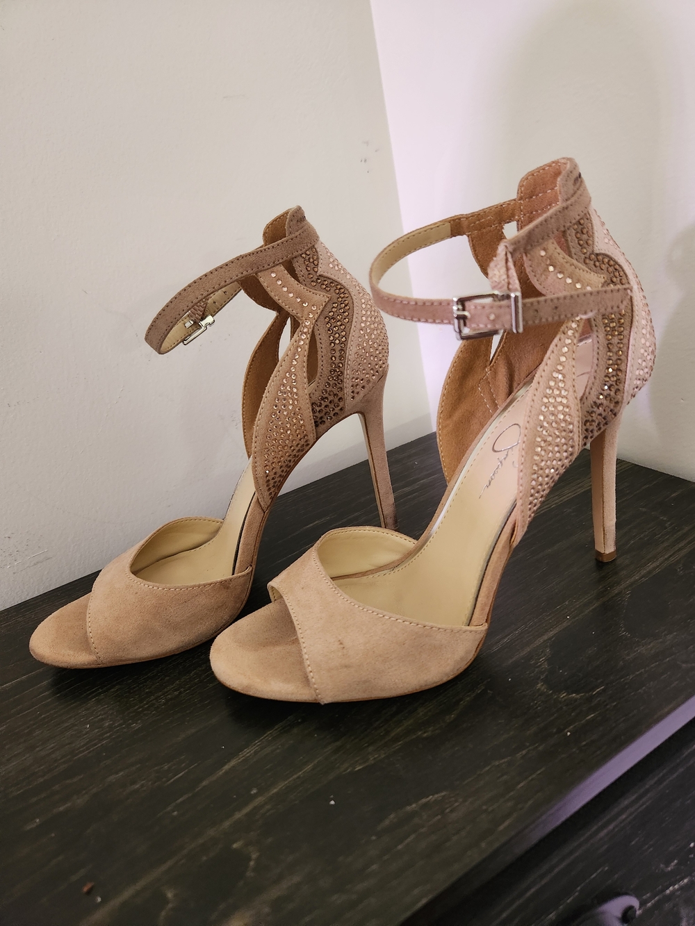Jessica Simpson Blush Suede Crystal Ankle-Strap Heels